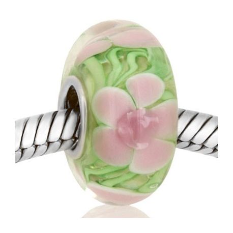 ABALORIOS CRISTAL DE MURANO FLORES ROSA FONDO VERDE MUP83
