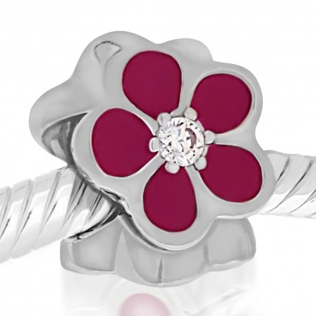 Abalorio flor rosa y piedra blanca